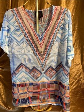 Vibrant Blue Patterned V-Neck Blouse - Soft Lightweight Top